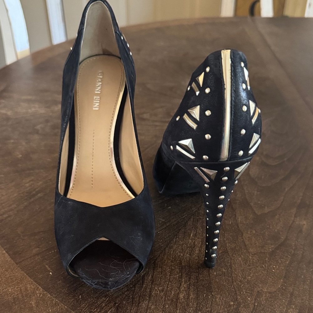 Gianni Bini Black Suede Studded Peep-Toe Heels with Gold Accents